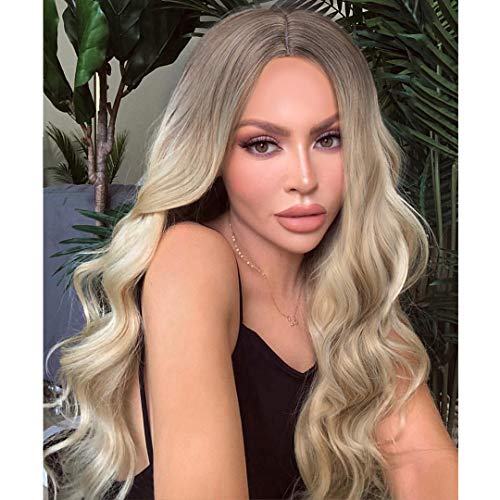 Product Cover Vigorous Blonde Ombre Wig, Long Wavy Blonde Wigs for Women Brown Roots Middle Part Synthetic Wigs for White Women Daily Party Cosplay Wig 26 Inch
