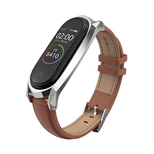 Product Cover Mijobs Compatible Xiaomi Mi Band 3, Genuine Leather Replacement Strap Breathable Wristband with Metal Frame Bracelet Accessories for Xiaomi Mi Band 4 Smart Watch Bracelet (Classic Brown + Silver)