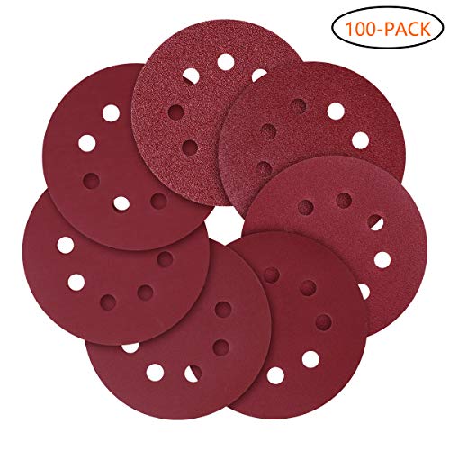 Product Cover 5-Inch 8-Hole Hook and Loop Sanding Discs, 120/240/320/600/800 Assorted Grits Sandpaper - Pack of 100