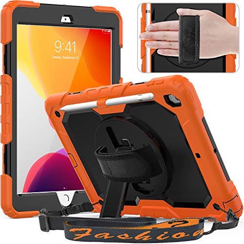 Product Cover Timecity New iPad 7th Generation Case (iPad 10.2 Case 2019) with Screen Protector Pencil Holder Rotating Kickstand Hand/Shoulder Strap.Rugged Durable Protective Cover for iPad 10.2 inch-Black+Orange