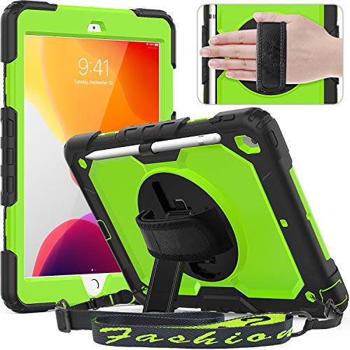 Product Cover Timecity New iPad 10.2 Case 2019 (iPad 7th Generation Case) with Screen Protector Pencil Holder Rotating Kickstand Hand/Shoulder Strap.Rugged Durable Protective Cover for iPad 10.2 inch-Black+Green