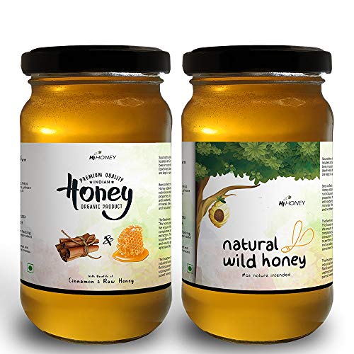 Product Cover Hi Honey Organic Honey Combo by Saurashtra Honey Bee Farm| Natural Forest Honey & Cinnamon Infused Honey| Raw & unpasteurized- (250gm + 20gm Free X 2) - Glass Jar