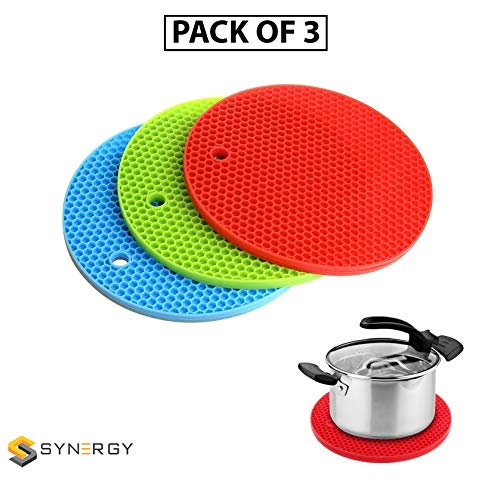 Product Cover Synergy Round Multipurpose Keeping Hot Utensils Anti Hot Heat Resistant Silicone Mat/Disc Pads/Coasters for Pot, 18 cm, Multicolour - Pack of 3