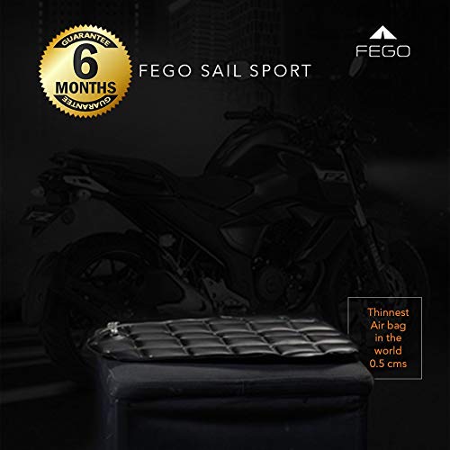 Product Cover FEGO SAIL SPORT (with pump and rain cover. Fill air on the go) No Back Pain Air Suspension Seat Add-on for Sports Bikes (Black) - Thinnest Air seat in the World