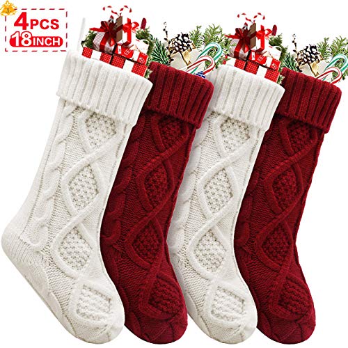 Product Cover Christmas Stockings, 4 Pack Personalized Christmas Stocking 18 Inches Large Cable Knitted Stocking Decorations for Family Holiday Xmas Party Decor, Cream and Burgundy