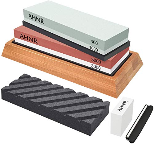 Product Cover Whetstone Knife Sharpening Stone Set - 400/1000 and 3000/8000 Grit Whetstone Sharpener, Flattening Stone, Polishing Tool for Kitchen, Hunting and Pocket Knives or Blades by AHNR