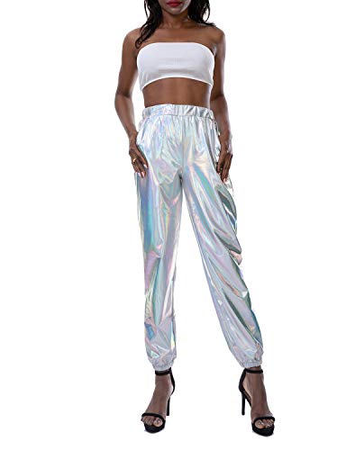 Product Cover Onancehim Womens High Waist Shiny Metallic Pants, Holographic Jogger Sweatpants Hip Hop Punk Trousers Streetwear with Pockets (White, M)