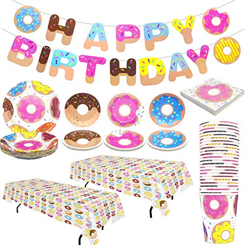 Product Cover Pandecor Donut Party Supplies - Serves 24 Guests - 99 Pieces Donut Party Disposable Tableware,Includes Happy Birthday Banner Tablecover Napkins 9 Inch Plates 7 Inch Plates and Cups