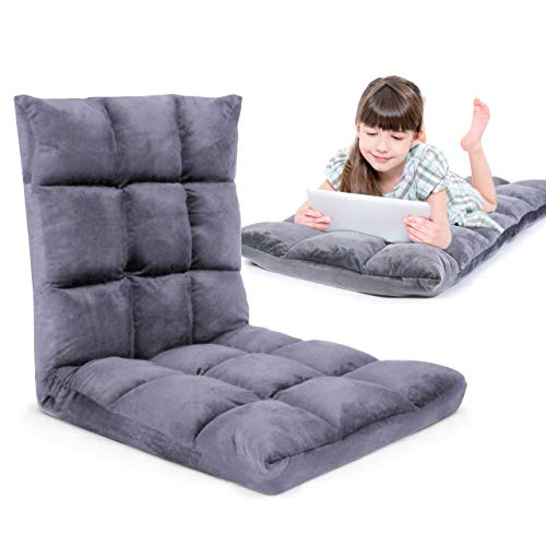 Product Cover Gaming Floor Sofa Adjustable Chair for Adults & Kids - Comfortable Foam Seat & Removable Lounger Cover - Transformable Folding Sleeper Lounge Features 14 Reclining Positions from Flat to 90°,(Gray)