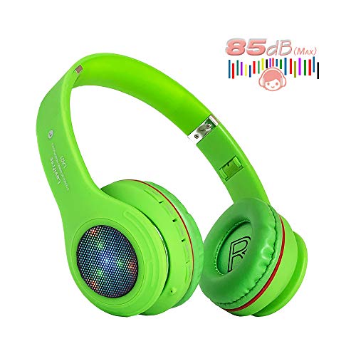 Product Cover Kids Bluetooth Headphones,LED Light Up Wireless/Wired Headset,85 dB Volume Limiting Foldable Headphones,Built-in Mic,Support FM Radio/Micro SD/TF,for iPhone/Tablet/iPad/PC/Kindle/Laptop/TV(Green)