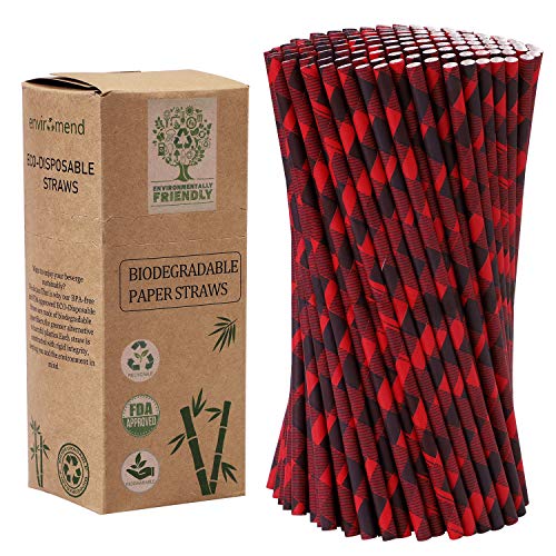 Product Cover Cooraby 200 Pieces Red and Black Plaid Paper Straws Biodegradable Paper Drinking Straws for Christmas Party Supplies and Party Favors