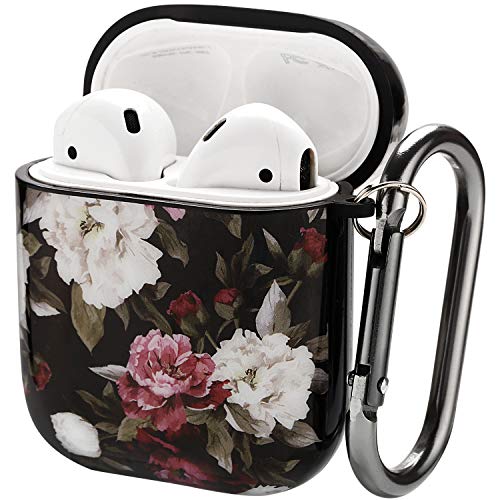 Product Cover Doweiss Compatible AirPods Case Protective Cover Printed,Headphone Charging Case Protector Cover Floral Printed Compatible for AirPods 1 & 2 (Black Flower)