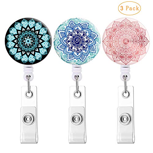 Product Cover 3 Pack Beautiful Mandala Flower Retractable Badge Holder Carabiner Reel Clip On ID Card Holders