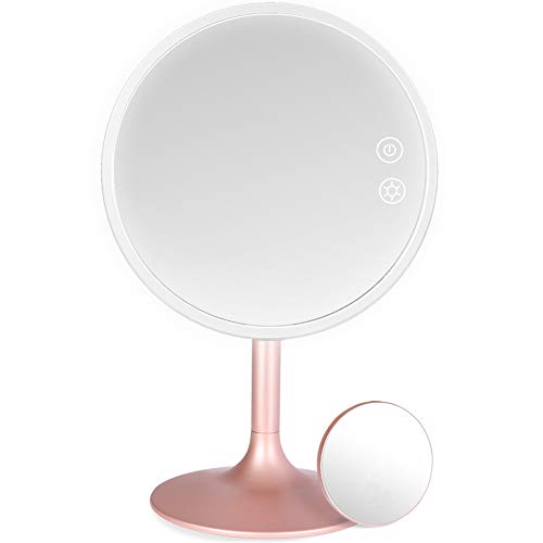 Product Cover Lighted Makeup Mirror, 3 Color Dimmable Vanity Mirror with 1X / 5X Magnification, Rechargeable Led Cosmetics Mirror Portable with Touch Screen, 120 Degree Rotation