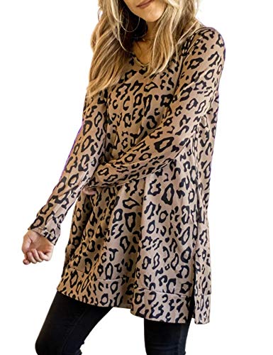 Product Cover Maysoar Womens Tunic Tops Leopard Print Shirt Long Sleeve Round Neck Blouse Brown S