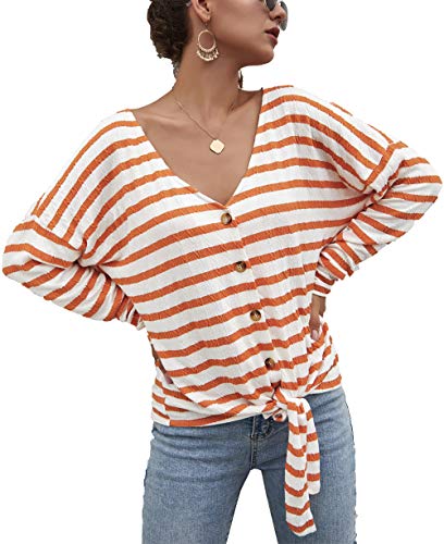 Product Cover PRETTYGARDEN Women's Casual Striped Long Sleeve V Neck Waffle Knit Tie Knot Button Down Blouse Shirt (Orange, Medium)