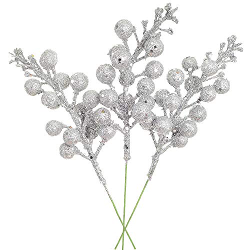 Product Cover Artiflr 14 Pack Christmas Glitter Berries Stems, 7.8Inch Artificial Christmas Picks for Christmas Tree Ornaments, DIY Xmas Wreath, Crafts, Holiday and Home Decor, Silver