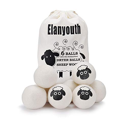 Product Cover Elanyouth Organic Wool Dryer Balls, 6 Pack 100% Natural Fabric Softener Ball XL Eco-Friendly Reusable Felt Laundry Dryer Balls Effectively Reduce Wrinkles