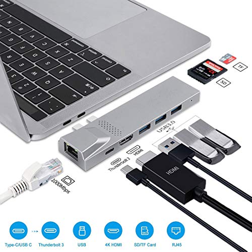 Product Cover USB C Hub for MacBook Pro 13 '' /15 '' MacBook Air 2018/2019, 8 in 1 Aluminum Type C Hub Adapter with Gigabit Ethernet, 4K HDMI, 40Gbps Thunderbolt 3, 100W PD, 3 USB 3.0 and SD/Micro Card Readers