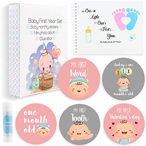 Product Cover Baby Milestone Stickers Boy Girl - Premium Set of 12 Newborn Infant Monthly Growth Stickers 8 Baby Monthly Stickers 10 Holiday Stickers 1 Photo Album Memory Registry Cute Baby Shower Gift Birthday