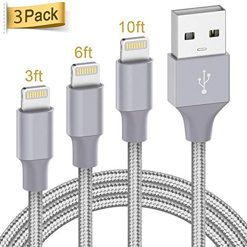 Product Cover Lightning Cable Apple Certified - Quntis iPhone Charger 3Pack 3ft 6ft 10ft Nylon Braided USB Fast Charging Cord Compatible with iPhone 11 Pro X Xs Max XR 8 7 6 Plus iPad Pro Airpods and More, Gray