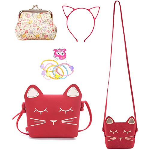 Product Cover Delphinus Cute Cat Crossbody Bag, 4Pack Little Girls Purses Cute Cat Bag with 1 Mini Coin Purse Cat Headband and Elastic Hair Ties (red)