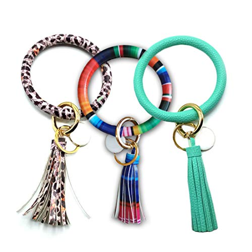 Product Cover 3Pcs Wristlet Round Key Ring Chain, Leather Tassel Oversized Keyring Bracelet Keychain Bangle for Women Girl Gifts for Women Girls