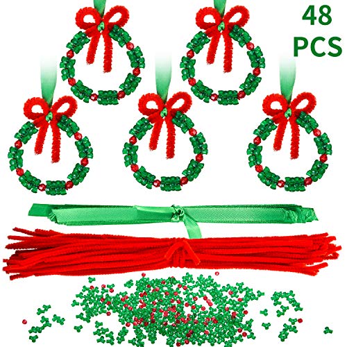 Product Cover 48 Pieces Christmas Beaded Ornament Kit Christmas DIY Bead Christmas Tree Hanging Decorations for Xmas Party Craft Wreath Holiday Tree Decorations