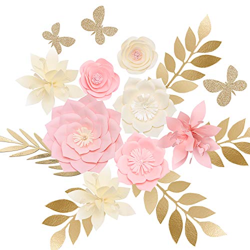 Product Cover Ling's moment Paper Flower Decorations Set of 8, Nursery Wall Monogram Sign Decorations, Pink Cream Cardstock Peony Rose Lily Leaf Butterfly Assorted for Baby Shower, Birthday, Bridal Shower, Wedding
