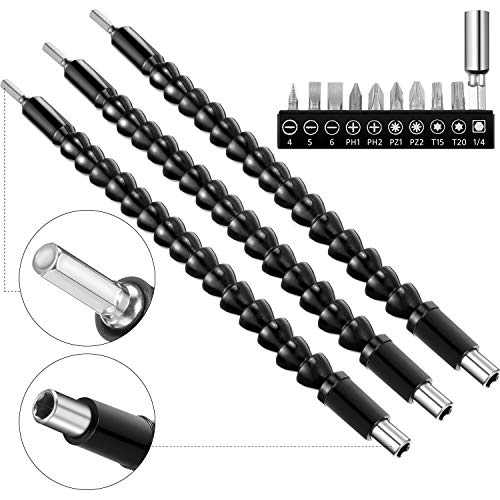 Product Cover 3 Pieces 11.4 Inches Flexible Extension Soft Shaft Screwdriver Drill Bit Holder with 10 Pieces Drill Bit Set for Electrical Screwdriver or Hand Drill Multi-angle Work