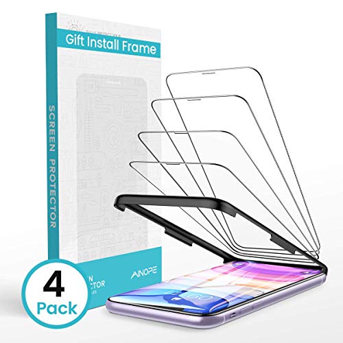 Product Cover AINOPE 4 Pack Screen Protector Compatible with iPhone 11 & iPhone XR Tempered Glass Screen Protector Gift Install Frame & CASE Friendly for Apple 6.1 & iPhone 11 Force Resistant UP to 23 POUNDS