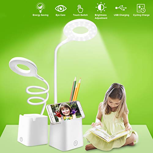 Product Cover Led Desk Lamp, Table Lamps with Shelves Holder USB Charging Port, Touch Control Dimmable White Study Reading Book Lamp Eye-caring Light Night, Flexible Gooseneck Office Task lamp for Bedroom Bedside