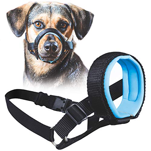 Product Cover Gentle Muzzle Guard Dogs - Prevents Biting Unwanted Chewing Safely Secure Comfort Fit - Soft Neoprene Padding - No More Chafing - Included Training Guide Helps Build Bonds Pet (3, Blue)