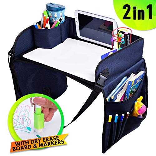 Product Cover Kids Travel Tray - 2 in 1 Portable Car Seat Organizer for Kids, Toddlers - Entertainment Car Seat Tray for Road Trips - Waterproof, Sturdy Nylon - Includes Dry Erase Board and Markers - SKIPIDOO
