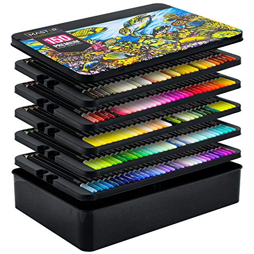 Product Cover Master 150 Colored Pencil Mega Set with Premium Soft Thick Core Vibrant Color Leads in Tin Storage Box - Professional Ultra-Smooth Artist Quality - Blending, Shading, Layering, Adult Coloring Books