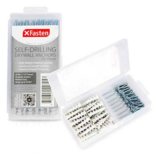 Product Cover XFasten Plastic Self Drilling Drywall Anchors with Screws Kit (100 Pieces), 7 Plastic Hollow Wall Anchors with Screws for Wood, Drywall, Masonry