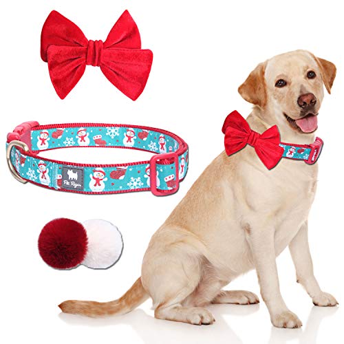 Product Cover Pet Rejoir Christmas Dog Collar- Cute Holiday Dog Collars with Detachable Bow Tie & Faux Fur Balls- Snowman & Snowflake Festive Dog Collar- Neck 19~25