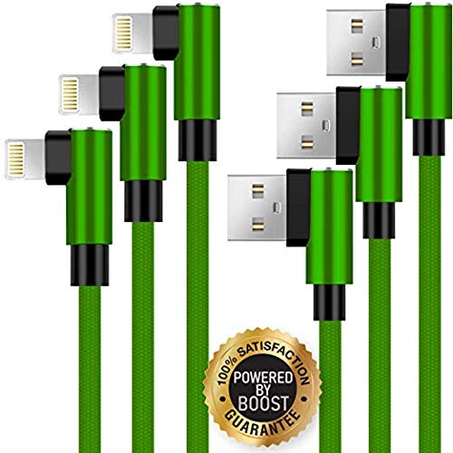 Product Cover Boost+ Chargers 3-Pack 6FT Charging Cables, Nylon Braided 90 Degree Fast Charge Angled USB High-Speed Charging & Data Cord, Kelly Green