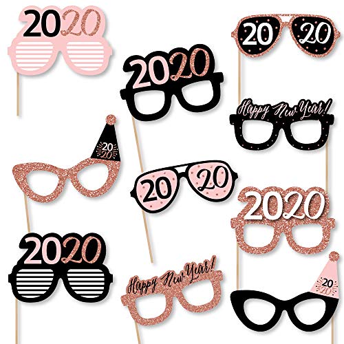 Product Cover Big Dot of Happiness Rose Gold Happy New Year Glasses - Paper Card Stock 2020 New Year's Eve Party Photo Booth Props Kit - 10 Count