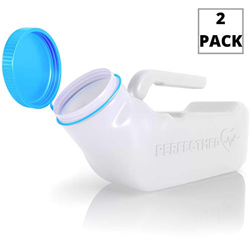 Product Cover Urinals for Men Spill Proof by PerfectMed (2 Pack) - 32 oz/ 1000 ml | Portable Urine Bottle Bed Pan W/Glow in Dark Lid | Thick Plastic Pee Bottle