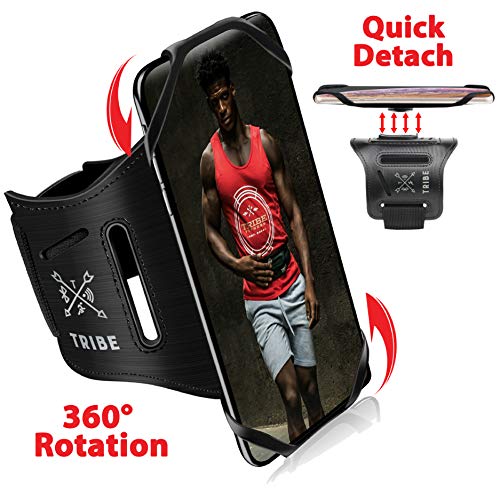Product Cover Tribe Running Phone Armband Holder for iPhone, Galaxy, Workout Arm Band, Women, Men. 360° Rotation & Detachable. Fits All 4-7 Inch Screen Phones Plus Case. Adjustable Strap, Pocket & More!