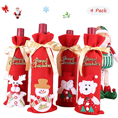 Product Cover QLXIHYW Bottle Sleeves Micro Fiber Fabric Christmas Wine Bottle Cover Bags, Wine Bottle Dress Sets Santa Claus for Xmas Party Table Decorations (Set of 4)