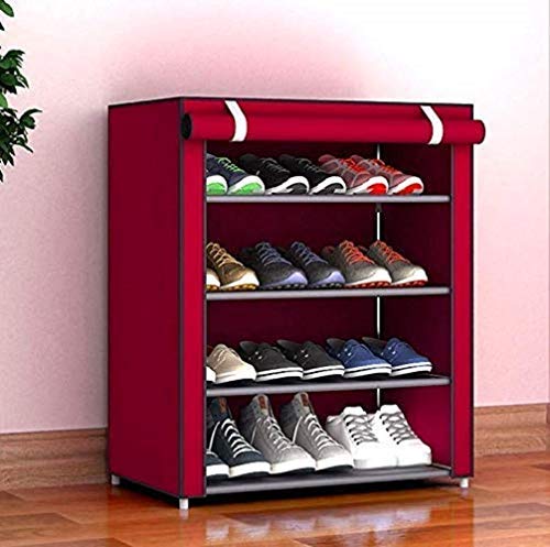 Product Cover Keekos Multipurpose Portable Folding Shoes Rack 4 Tiers Multi-Purpose Shoe Storage Organizer Cabinet Tower with Iron and Nonwoven Fabric with Zippered Dustproof Cover (Maroon)