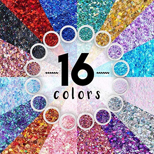 Product Cover Chunky Cosmetic Holographic Glitter I Body, Face & Hair Safe I 16 pack + 1 glitter primer