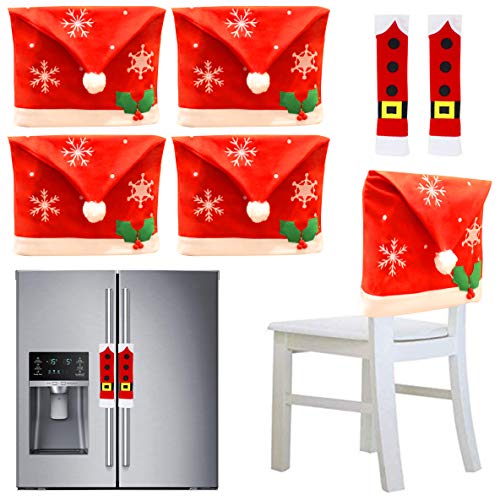 Product Cover JOYIN 4Pcs Christmas Dining Chair Slipcovers with 2 Pcs Handle Door Covers Holiday Decorations Ornaments Set for Xmas Refrigerator Decoration, Xmas Indoor Décor, Party Favor Supplies