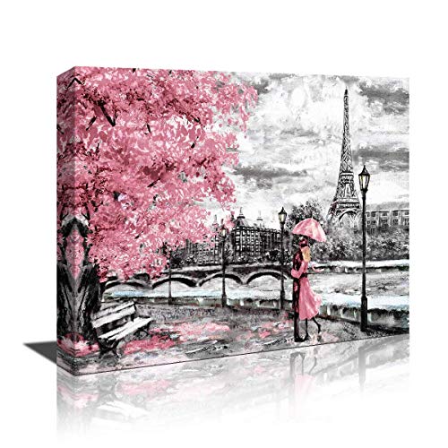 Product Cover Bedroom Decor Wall Art Black White and Pink Umbrella Couple in Street Eiffel Tower Decor Pictures for Bedroom Printed on Canvas Romantic Picture Framed Artwork Prints for Walls Decor