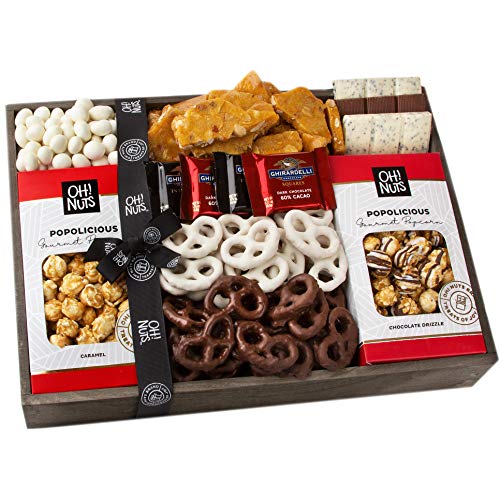 Product Cover Oh! Nuts Christmas Ghirardelli Chocolate Gift Baskets, Gourmet Popcorn Holiday Candy Basket Brittle Covered Pretzels Prime Food Birthday Gifts For Women Men Corporate Valentines Day Box Delivery Ideas