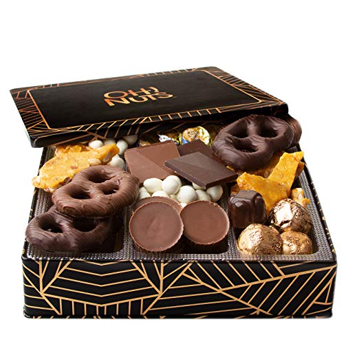 Product Cover Oh! Nuts Christmas Gourmet Chocolate Candy Gift Box, Holiday Tins Basket Toffee Brittle Covered Pretzels Chocolates Prime Food Gifts For Men Women Peanut Butter Cups Baskets Valentines Day Delivery