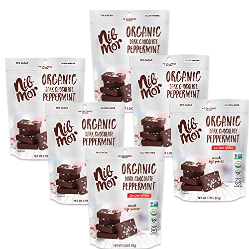 Product Cover Nib Mor Dark Vegan Chocolates - Organic Snacking Bite Squares with 72% Cacao, Peppermint Pieces - Limited Edition, 3.26 Ounce (Pack of 6)