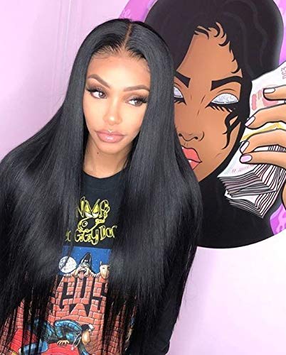 Product Cover Elesty 13x6 Synthetic Lace Front Wig Black Long Straight Deep Part Lace Front Wigs for Women Natural Hairline Lace Wig
